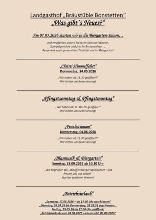 News vom „Bräustüble Bonstetten“ Inhaber Martina Voigt
